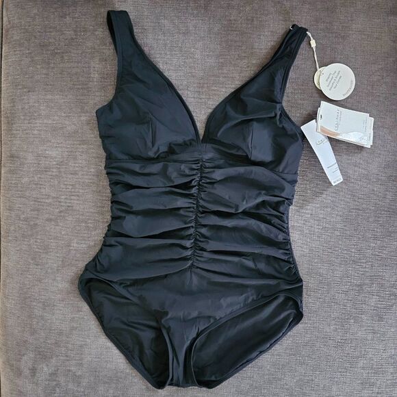 Contours Women's Black V-Neck Bra Sized Underwire 1-Piece Swimsuit Size 16 - Picture 4 of 14